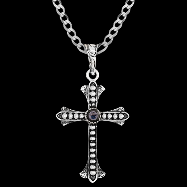 Genesis, German Silver 1.6"x2.3" cross with beeded, and engraved detailing, an antique finish. 

Chain not included.